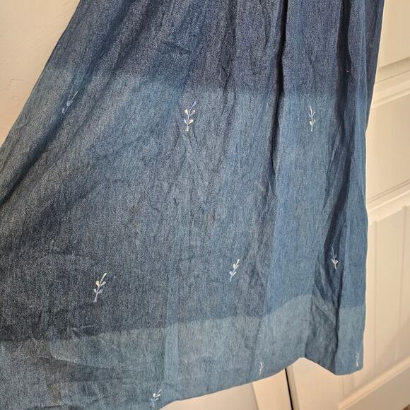 Vintage Denim Dress Women Medium 90s Midi Blue Floral Cottage Granny Prairie - Picture 7 of 14